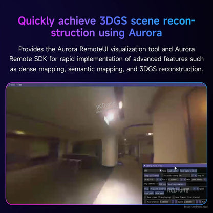 3DGS scene reconstruction screenshot with Aurora RemoteUI/SDK interface in an indoor corridor view