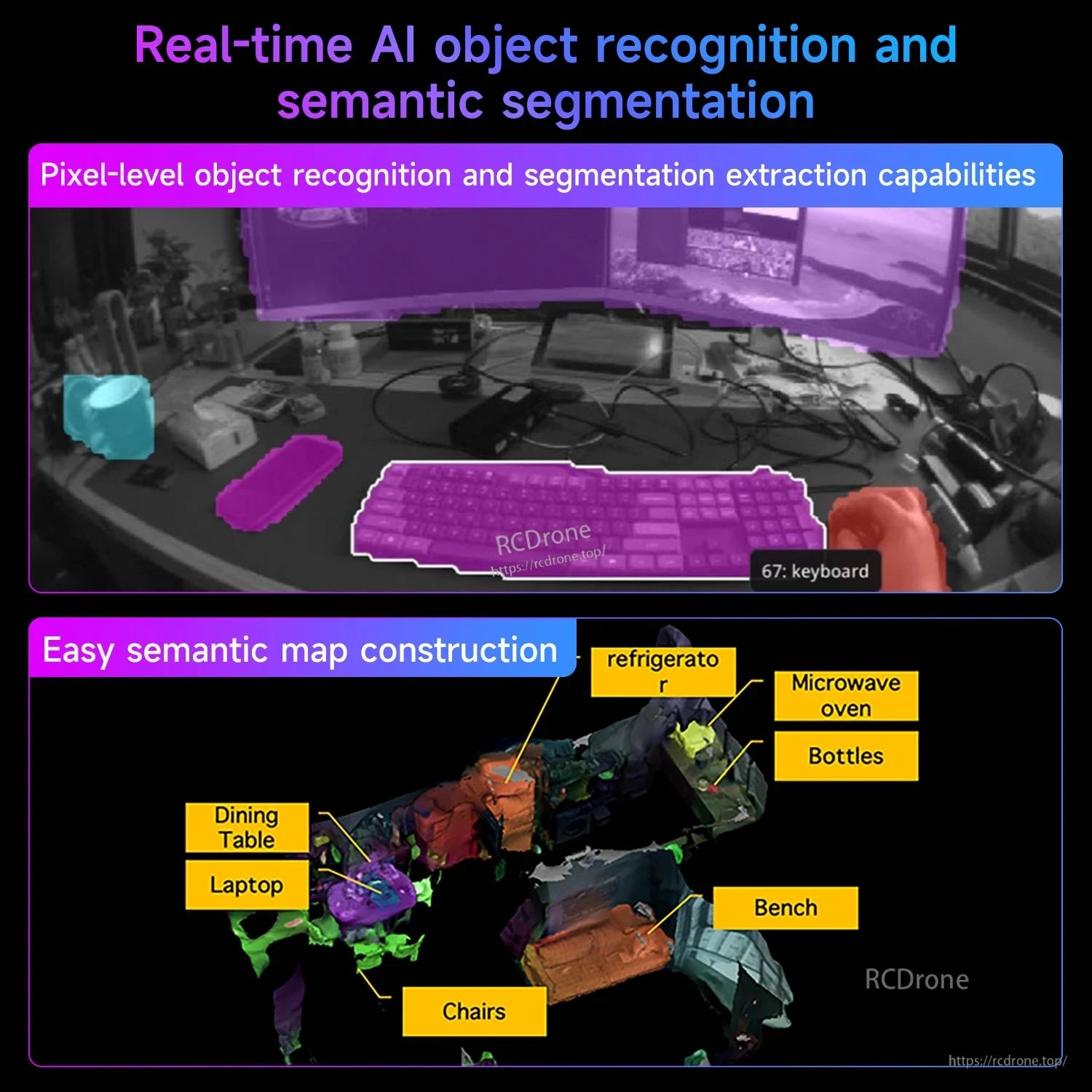 AI object recognition and semantic segmentation demo with labeled semantic map and highlighted objects
