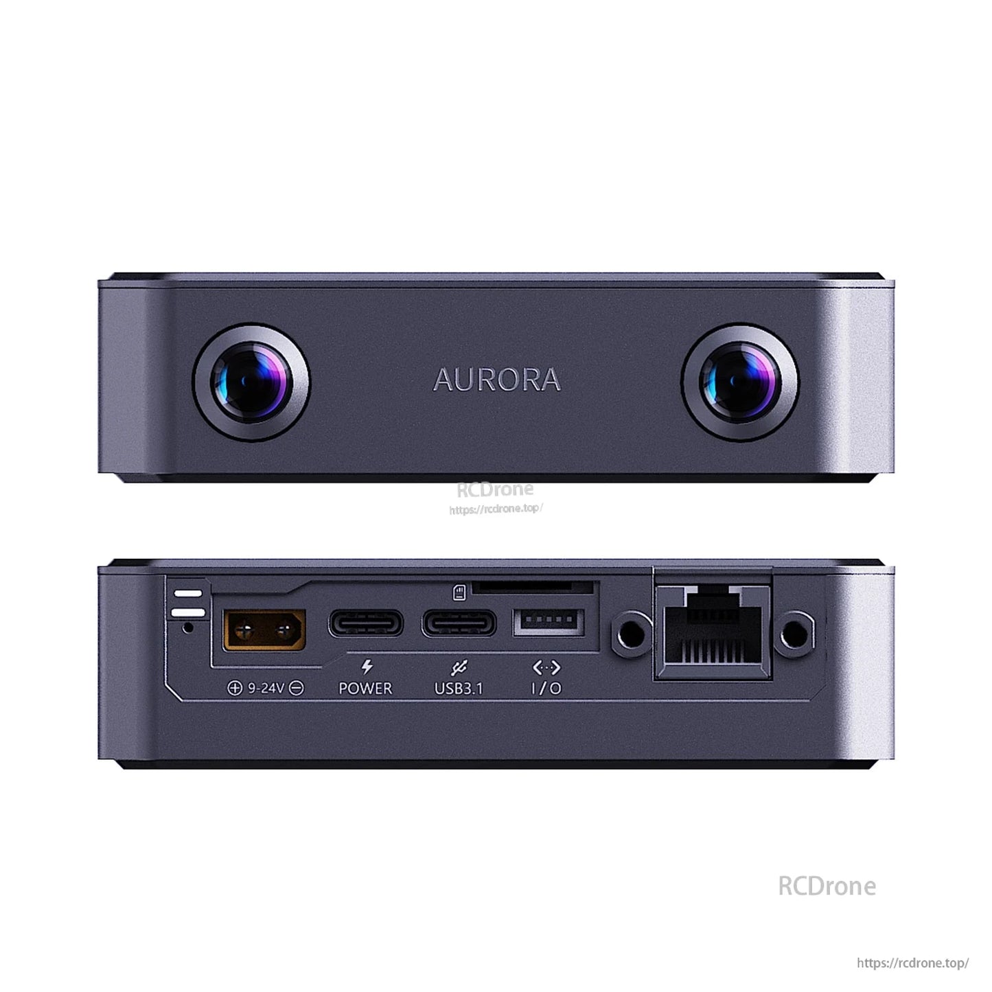 Aurora S front face and rear I/O panel showing power, USB 3.1, I/O, and Ethernet ports
