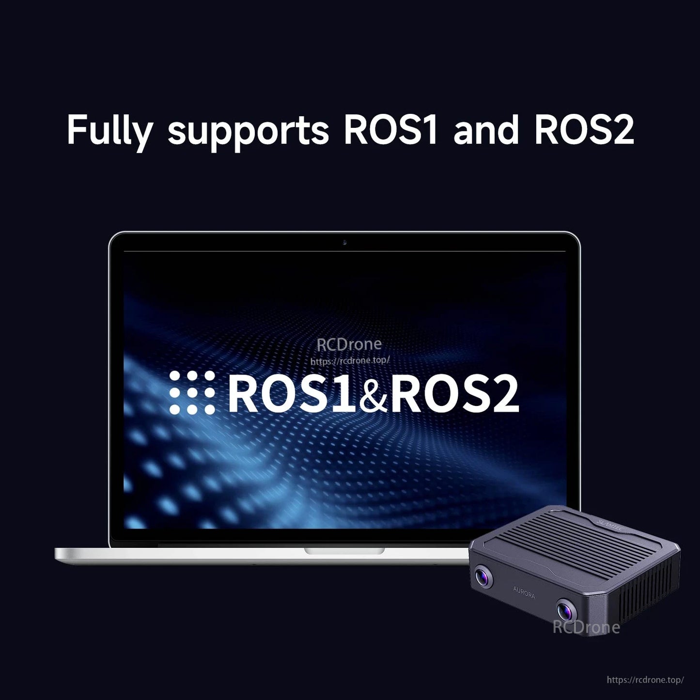 ROS1 & ROS2 support graphic with laptop screen and Aurora S unit beside it