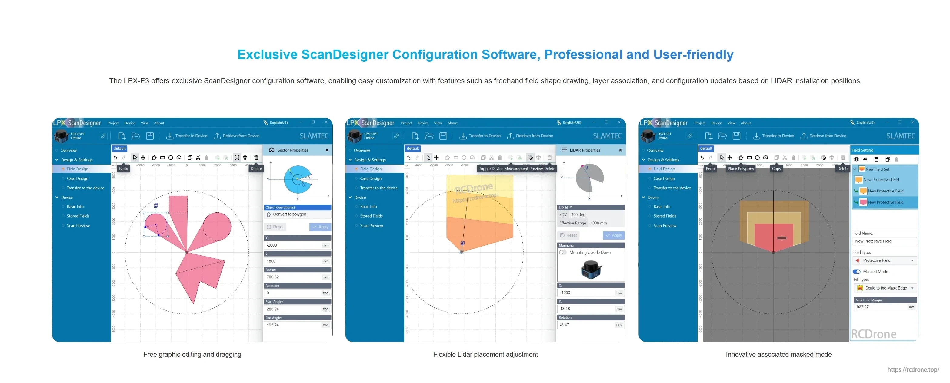 ScanDesigner software screens for LPX‑E3 monitoring field setup, masked areas, and flexible placement adjustment