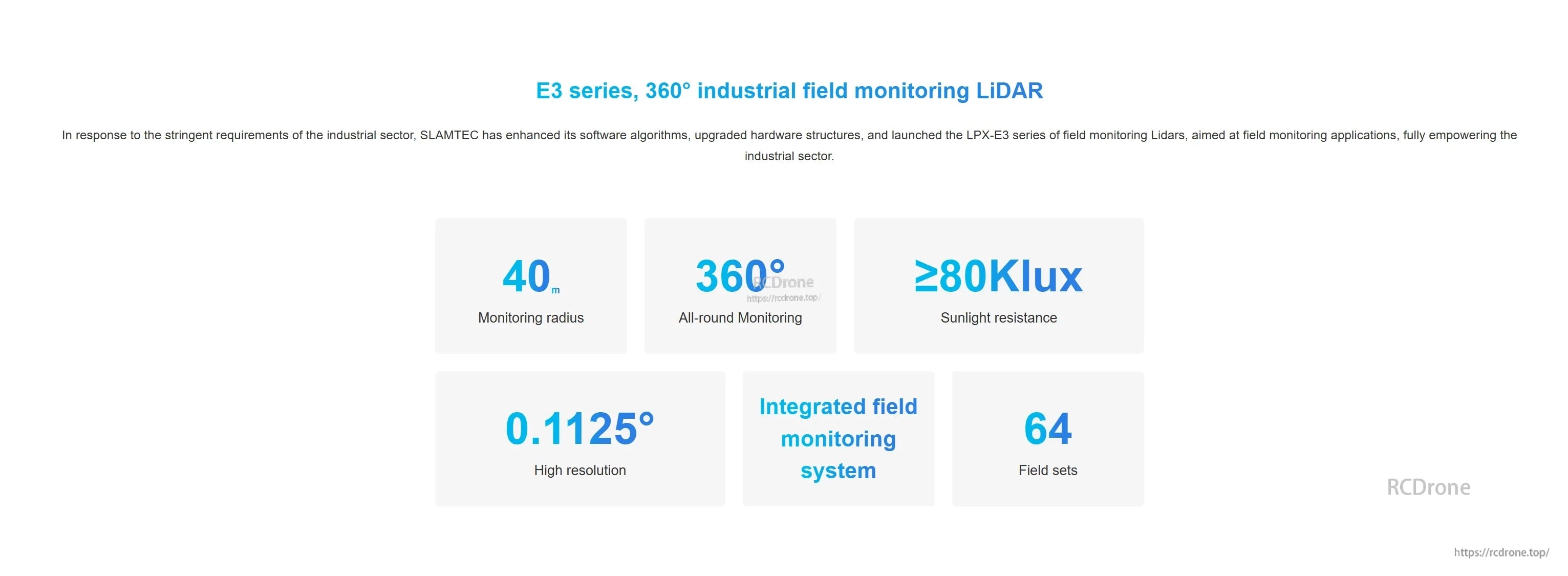 LPX‑E3 series performance highlights: 40 m monitoring radius, 360° coverage, ≥80,000 lux resistance, 0.1125° resolution