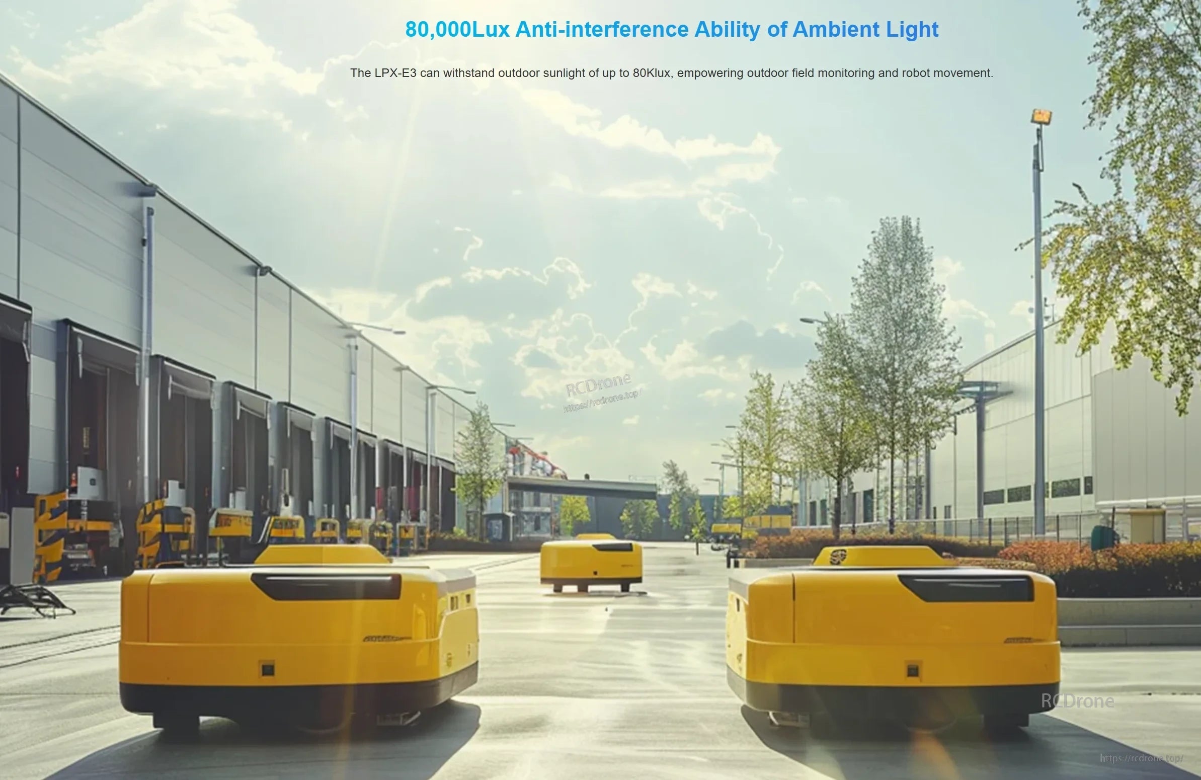 Outdoor industrial scene emphasizing ambient light anti-interference up to 80,000 lux for field monitoring and robots