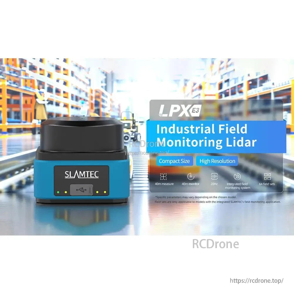 SLAMTEC LPX-E3 series industrial field monitoring LiDAR shown in warehouse aisle application graphic