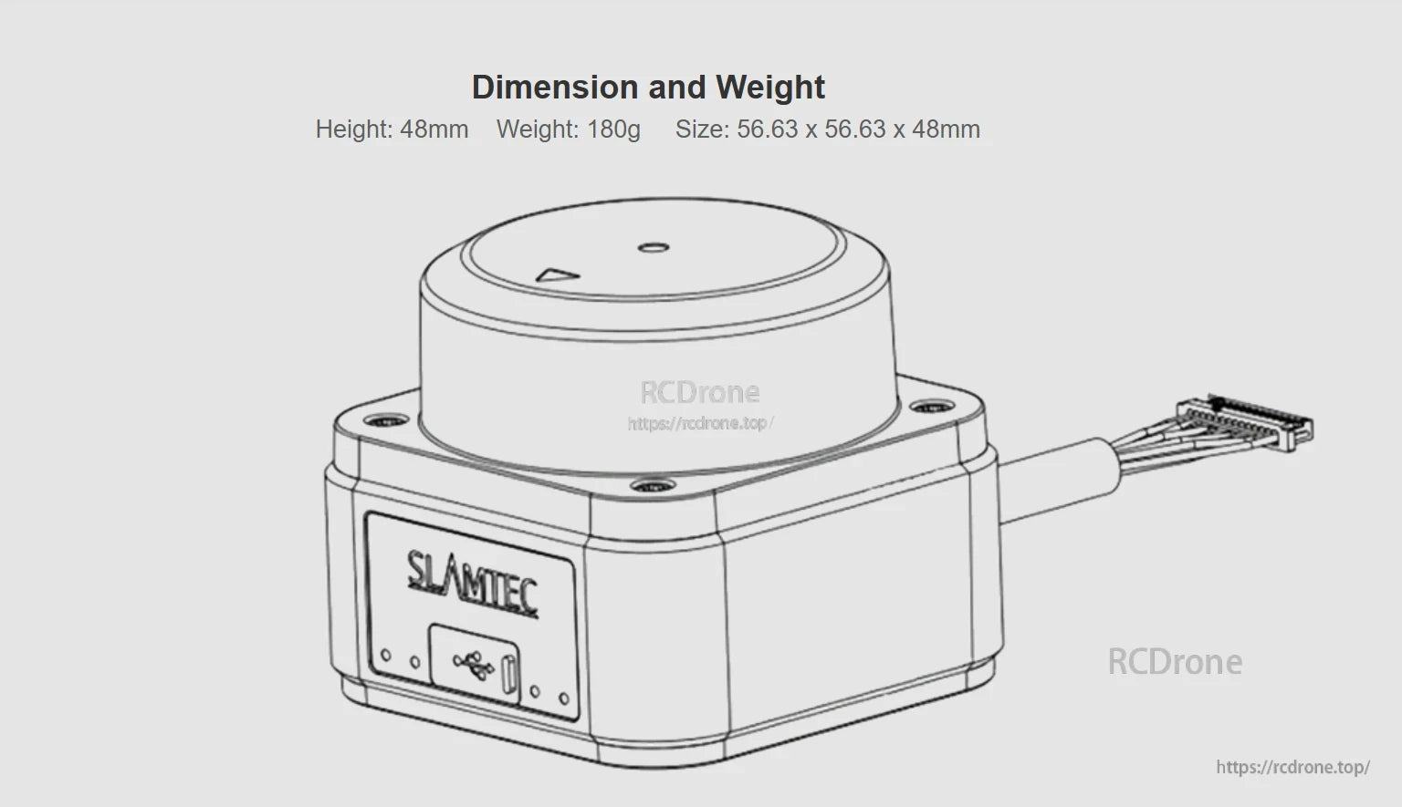 SLAMTEC LPX-E3P1 LiDAR dimension and weight diagram showing 56.63 × 56.63 × 48 mm, 180 g