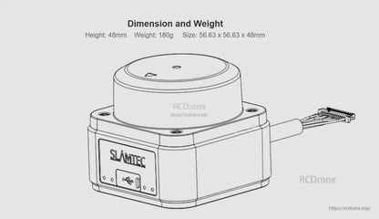 SLAMTEC LPX-E3P1 LiDAR dimension and weight diagram showing 56.63 × 56.63 × 48 mm, 180 g