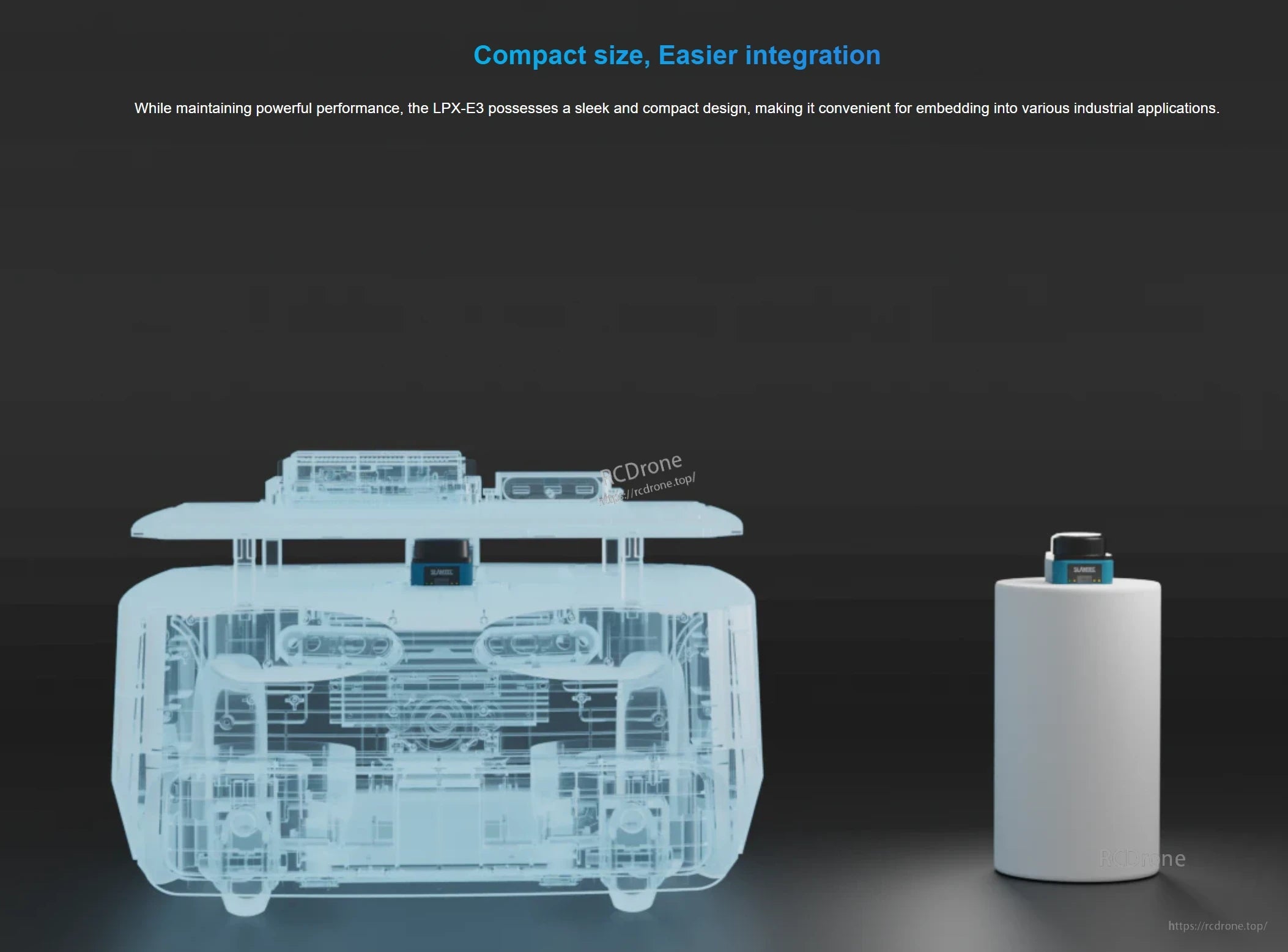Compact-size integration concept: LPX‑E3 LiDAR footprint compared with industrial equipment housing and small enclosure