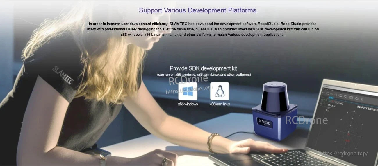 SDK development platform support graphic for x86 Windows, x86 Linux, and ARM Linux with LiDAR on desk
