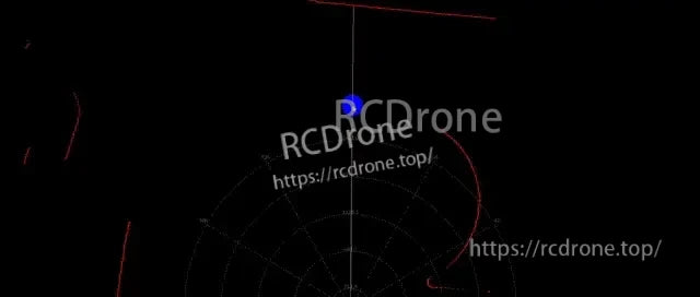 Point-cloud style scan view with red arcs and detection points from a 2D LiDAR sensor output