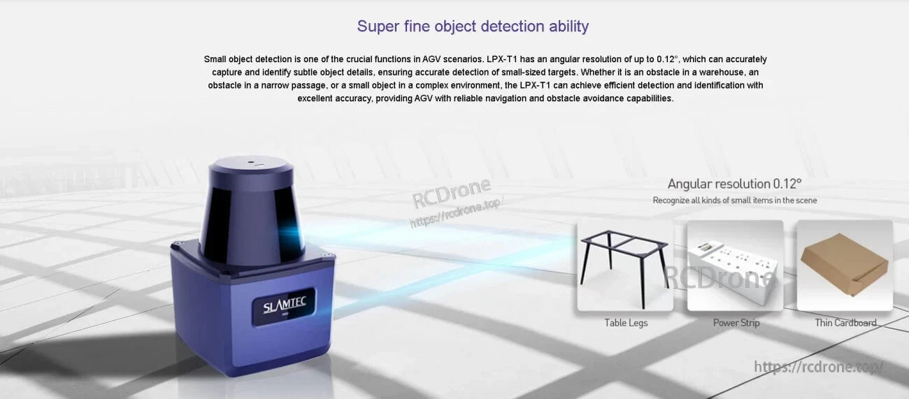 LPX-T1 LiDAR fine object detection graphic with 0.12° angular resolution and small-object examples
