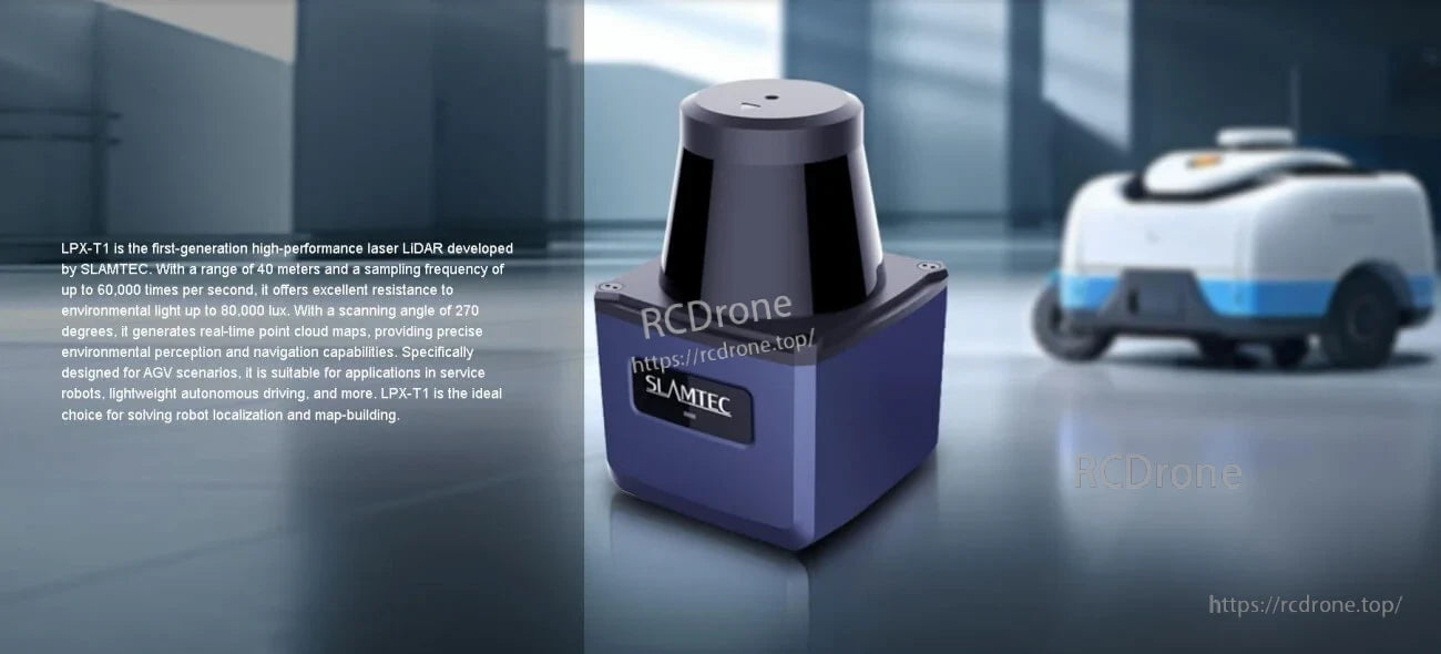 SLAMTEC LPX-T1 LiDAR unit on AGV/robotics scene background, compact blue sensor housing