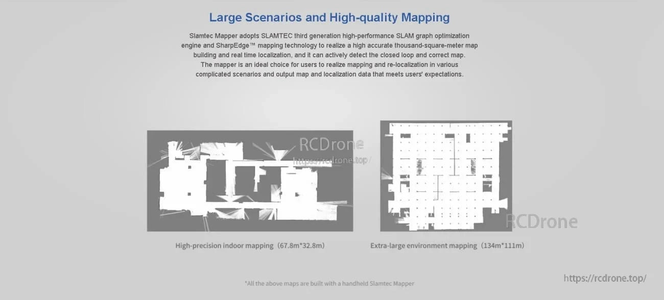 Example SLAM maps for large-scenario indoor and outdoor environments, highlighting high-quality mapping output