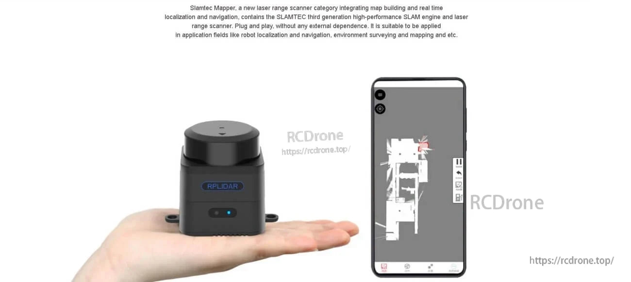 Handheld size view of the Mapper M2M3 LiDAR with mobile app map preview for quick localization