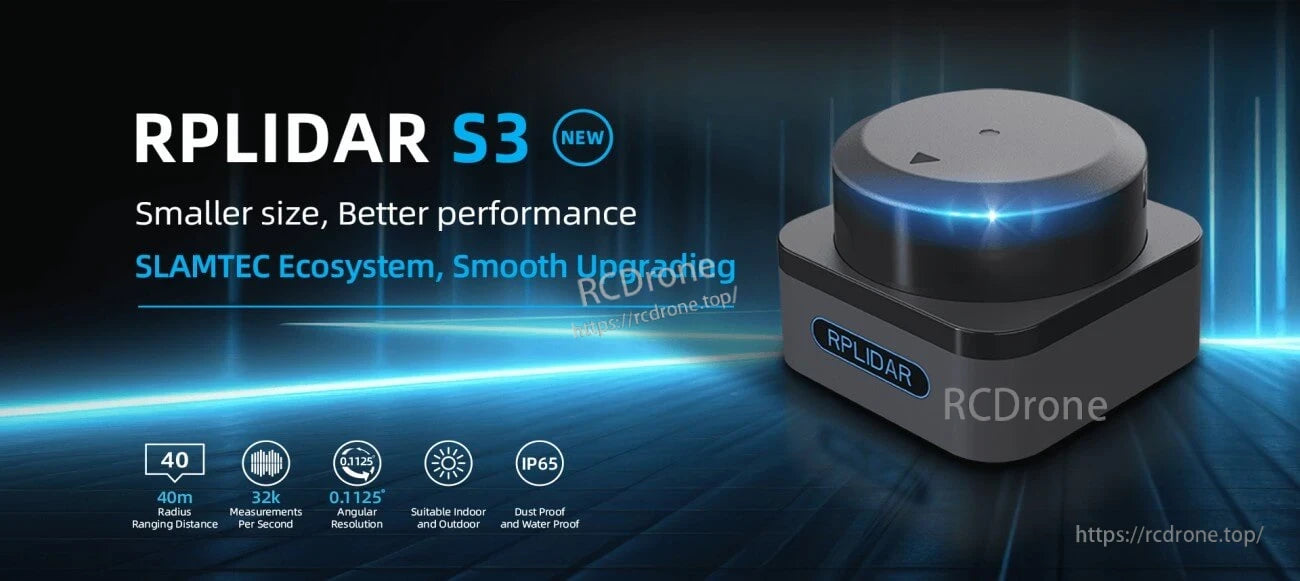 SLAMTEC RPLIDAR S3 LiDAR Sensor product overview banner highlighting 40 m range, 32 kHz sampling, IP65