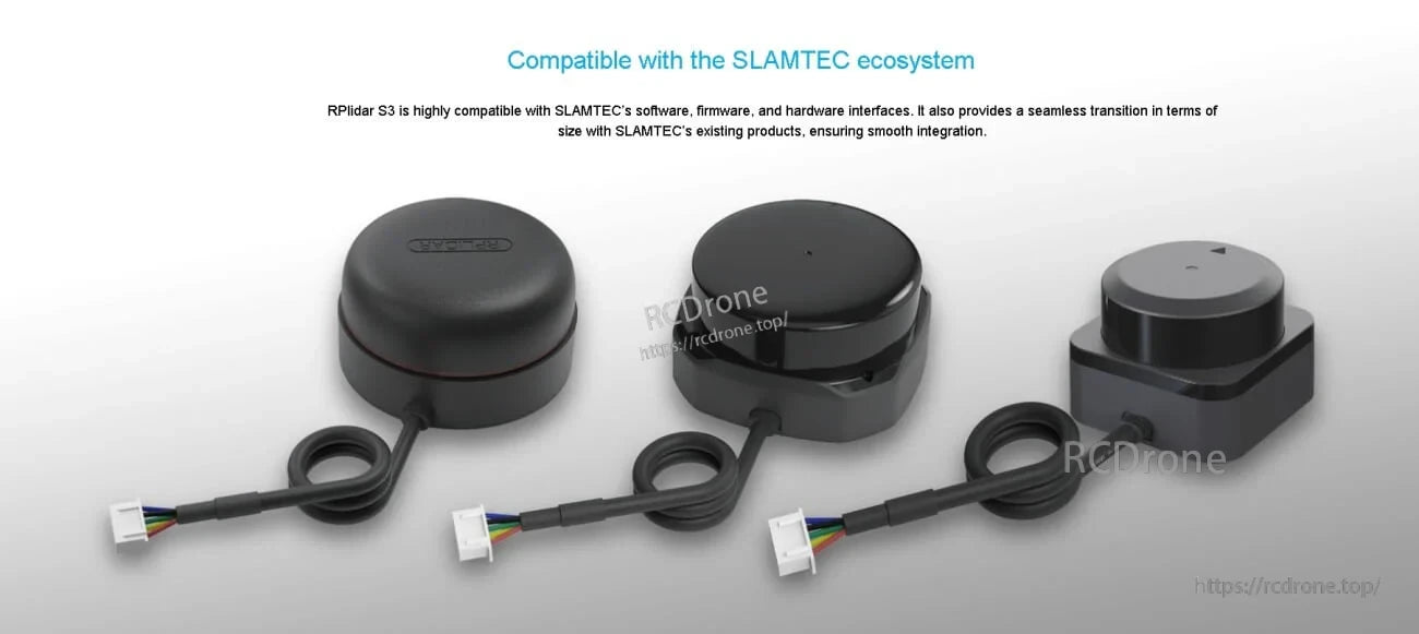 Compatibility image showing RPLIDAR family modules and cables, emphasizing SLAMTEC ecosystem software, firmware, and interfaces