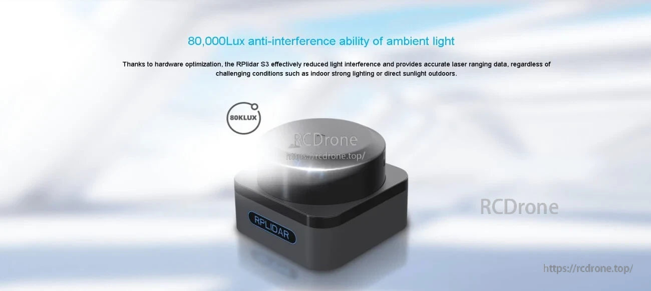 80,000 lux ambient light anti-interference graphic indicating daylight resistance for outdoor ranging with RPLIDAR S3