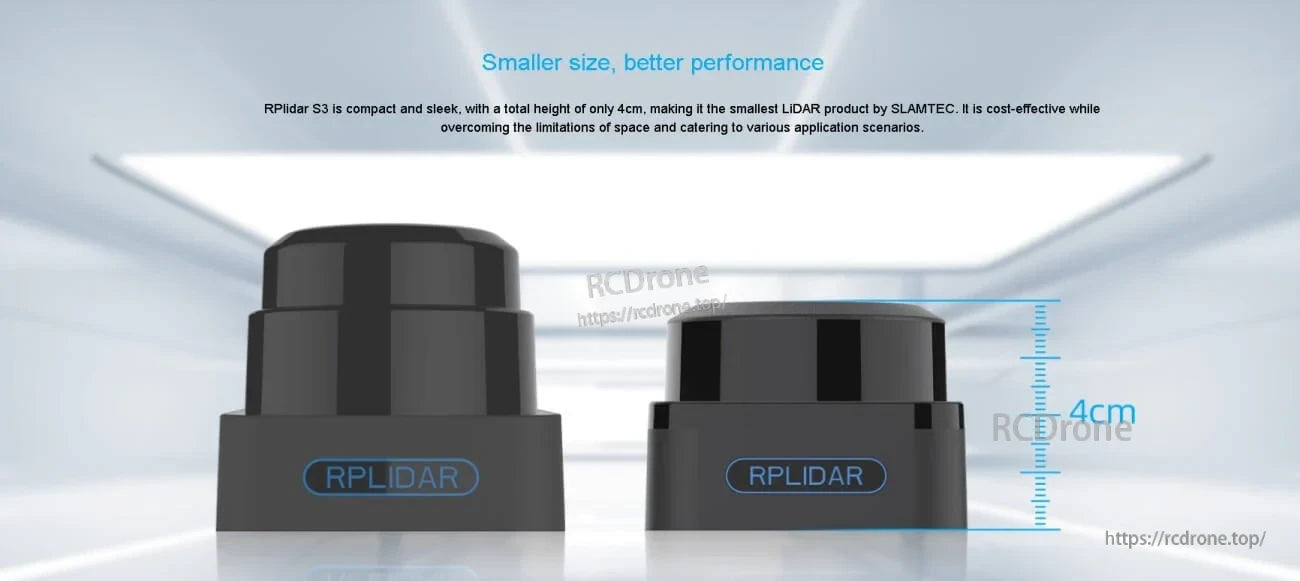 SLAMTEC RPLIDAR S3 LiDAR Sensor size comparison showing compact body with 4 cm total height marker