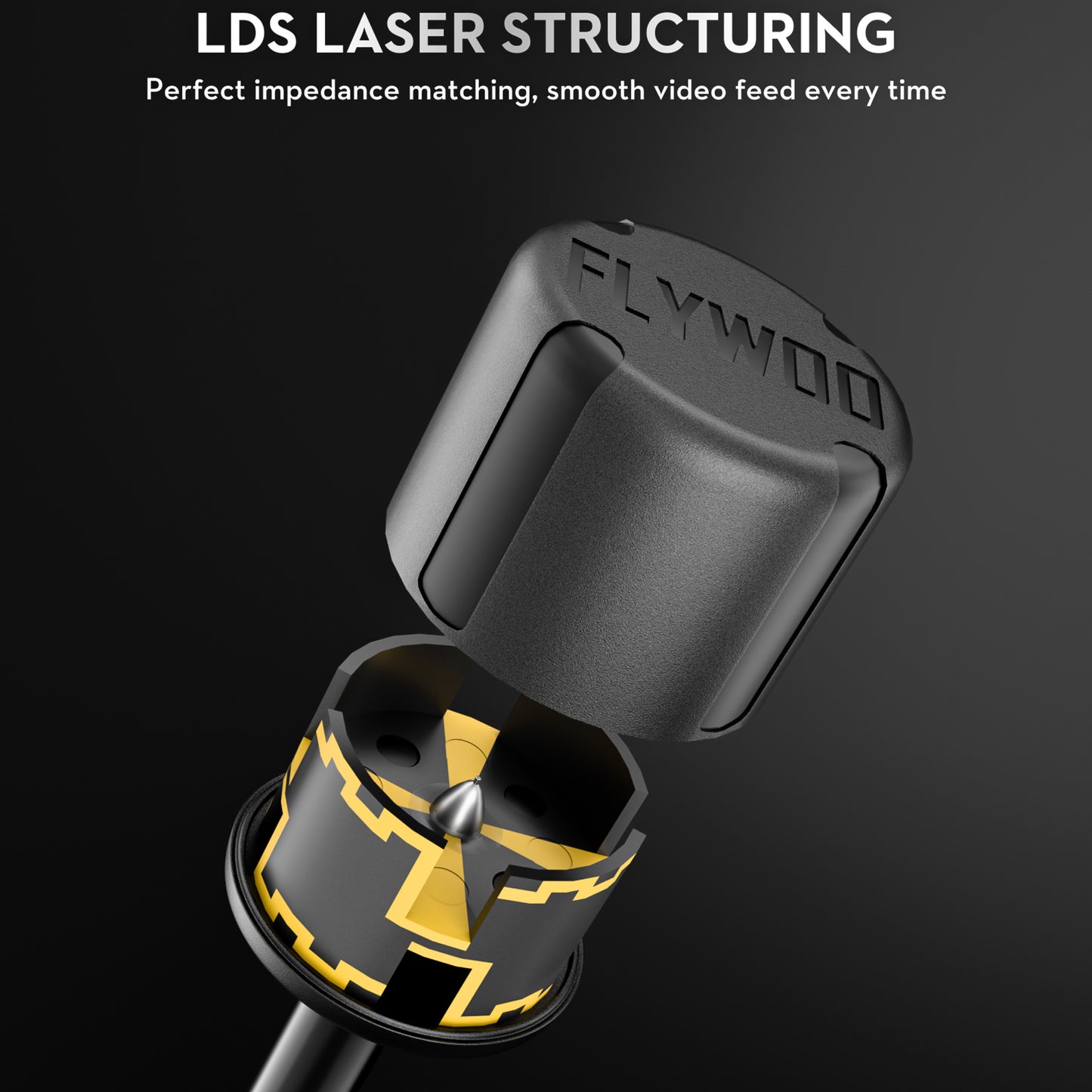Flywoo LDS 5.8GHz FPV antenna close-up with laser-structured internal element and protective cap