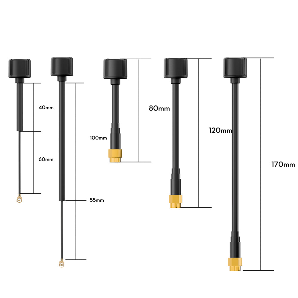 Flywoo LDS 5.8GHz FPV Antenna, Flywoo 5.8GHz FPV antenna set with UFL and SMA connector options and labeled cable lengths from 40mm to 170mm