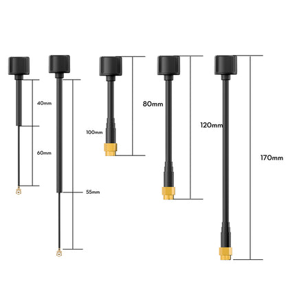 Flywoo LDS 5.8GHz FPV Antenna, Flywoo 5.8GHz FPV antenna set with UFL and SMA connector options and labeled cable lengths from 40mm to 170mm