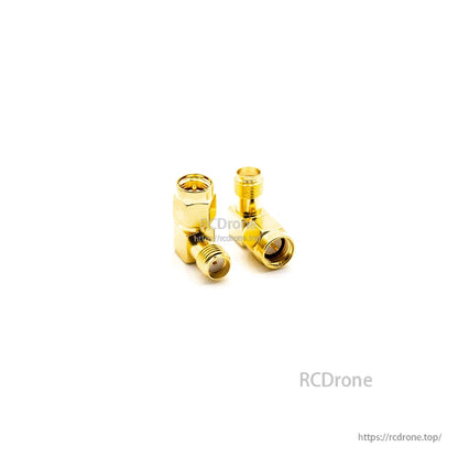 L-shaped coax adapter pair, standing view showing two connector sides and threaded ends