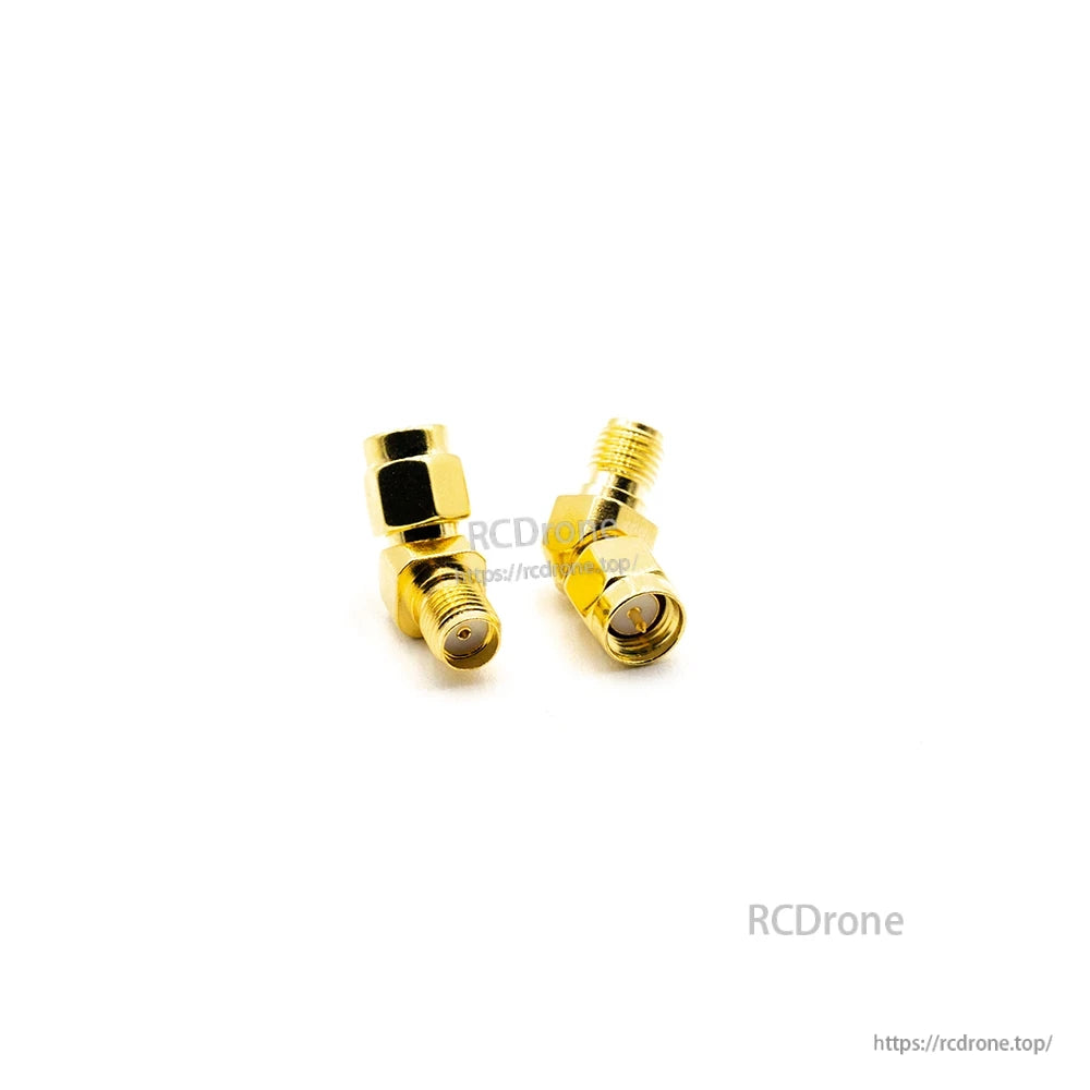 Right-angle coax adapter pair, gold 90-degree elbow connectors with threaded SMA-style ends