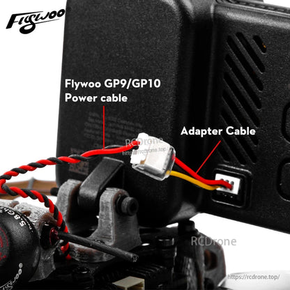 SMO 4K Camera Adapter Cable, Flywoo GP9/GP10 power cable and SMO 4K adapter lead connected to camera port with red, yellow and black wires