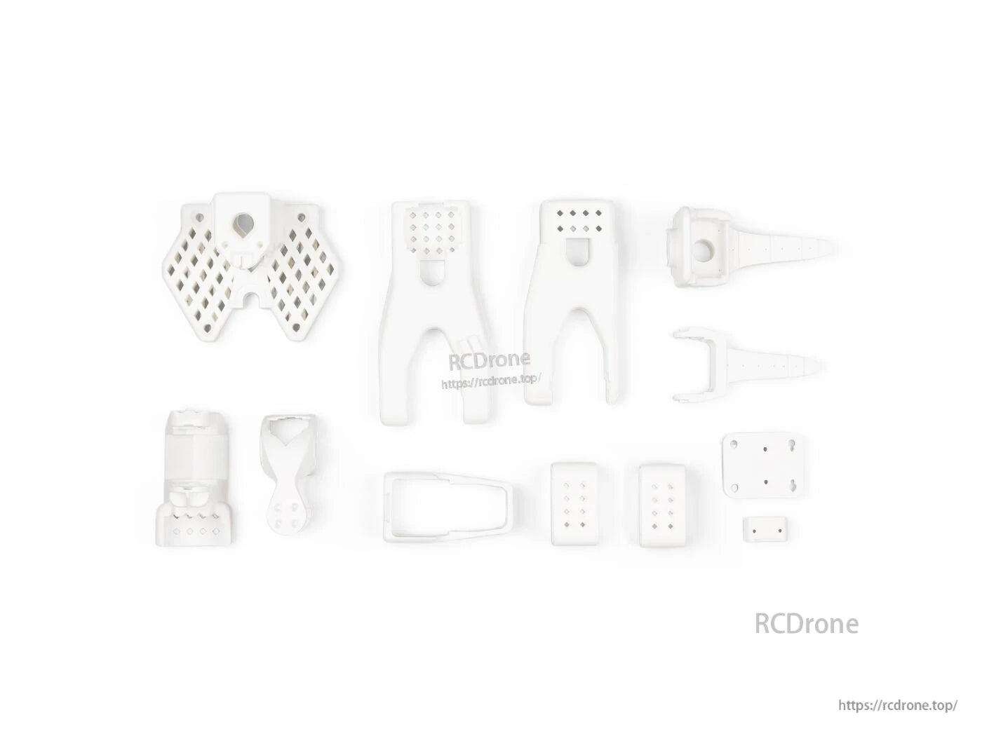 SO-ARM100 AI Arm 3D printed parts made of PLA+, 13% infill, in black, white, and grey; includes leader, follower, and clamps.