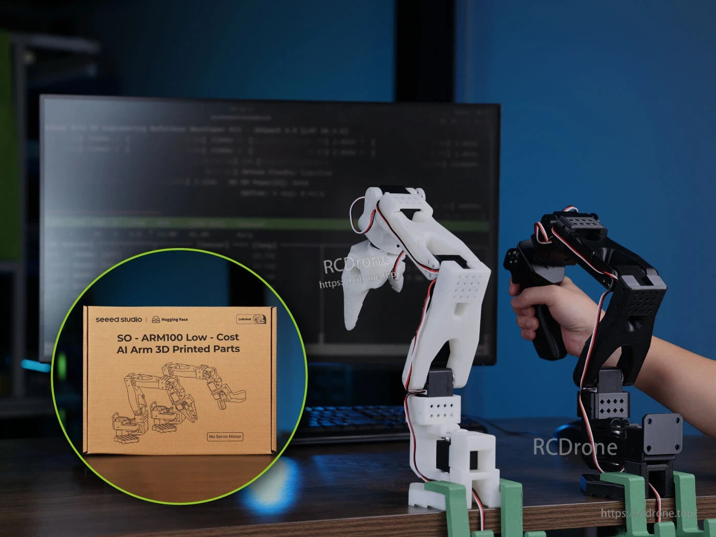 SO-ARM100 affordable 3D-printed PLA+ AI robotic arm parts in black, white, grey; includes leader, follower, and clamps for easy assembly.