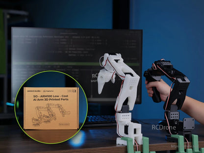 SO-ARM100 affordable 3D-printed PLA+ AI robotic arm parts in black, white, grey; includes leader, follower, and clamps for easy assembly.