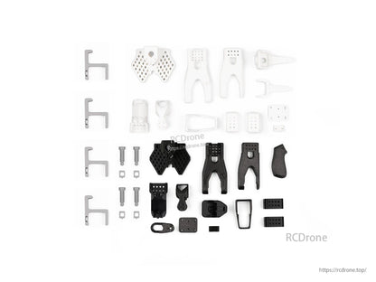 SO-ARM100 AI Arm 3D printed PLA+ parts in black, white, and grey, featuring leader-follower clamps for drone applications.