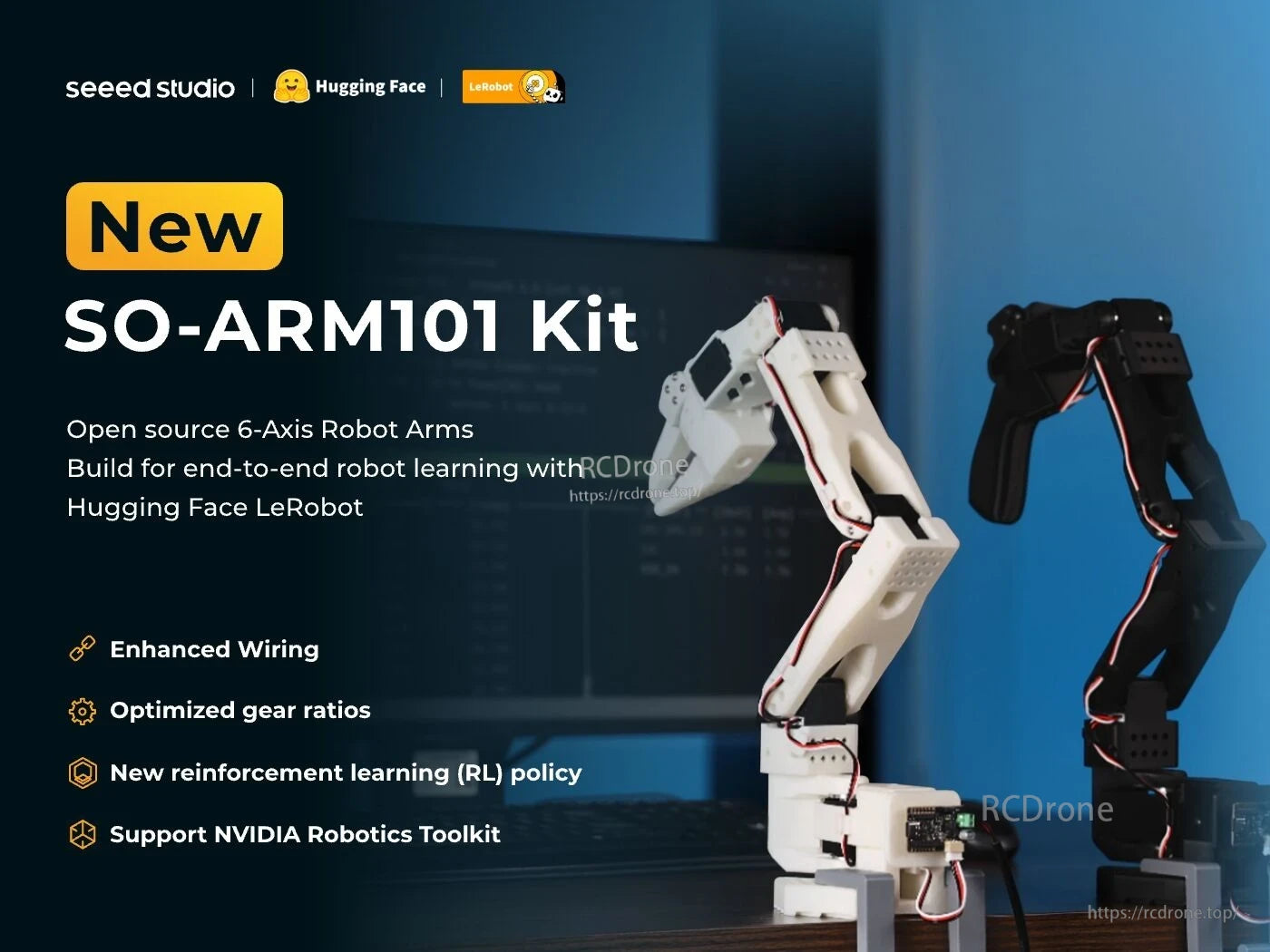SO-ARM101 Robot Arm, The SO-ARM101 Kit is an open-source 6-axis robot arm for end-to-end learning, featuring improved wiring, optimized gears, new RL policy, and NVIDIA Robotics Toolkit support.