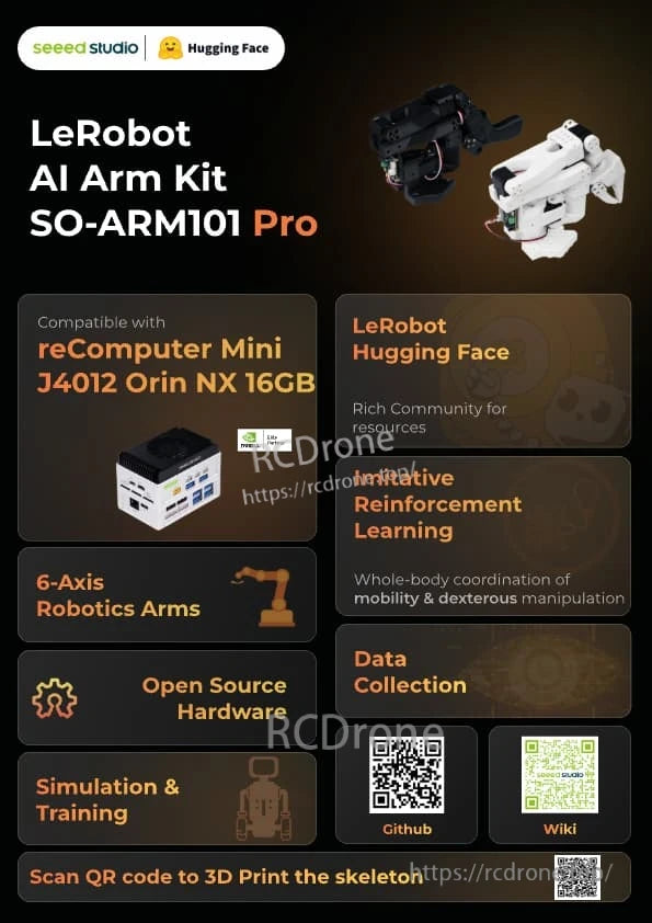 SO-ARM101 Robot Arm, Open-source 6-axis robotic arm kit compatible with reComputer Mini J4012, supports LeRobot for learning, data collection, simulation, and training; includes QR access to GitHub, Wiki, and 3D printing files.