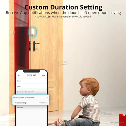 SONOFF SNZB-04P Zigbee Door Window Sensor, SONOFF SNZB-04P sensor with ZBBridge-P enables custom door open duration alerts via app, tamper detection, 5-year battery, and works with Alexa, Google Assistant, NSPanel Pro, or iHost.