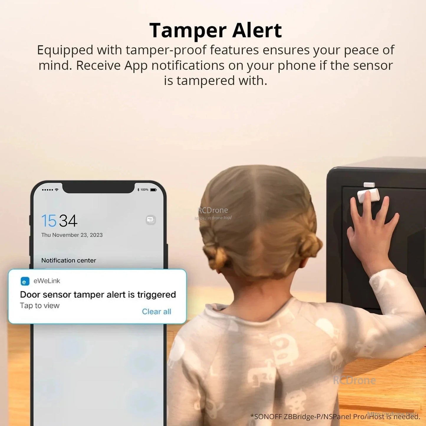 SONOFF SNZB-04P Zigbee Door Window Sensor, App alerts notify of sensor tampering; triggered Nov 23, 2023. Child interaction detected. Requires specific hub. Features: local automation, 5-year battery, Alexa/Google compatible. (24 words)