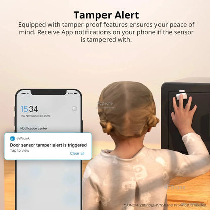 SONOFF SNZB-04P Zigbee Door Window Sensor, App alerts notify of sensor tampering; triggered Nov 23, 2023. Child interaction detected. Requires specific hub. Features: local automation, 5-year battery, Alexa/Google compatible. (24 words)