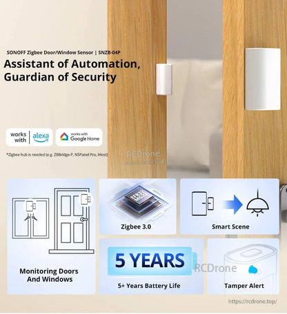 SONOFF SNZB-04P Zigbee Door Window Sensor, SONOFF SNZB-04P Zigbee door/window sensor offers 5+ years battery life, tamper alerts, smart scenes, Alexa/Google compatibility, and requires a Zigbee hub.