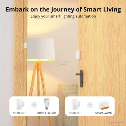 SONOFF SNZB-04P Zigbee Door Window Sensor, The SONOFF SNZB-04P door sensor enables smart lighting automation, works with Alexa and Google, and offers tamper alerts and local scene control for enhanced home security.