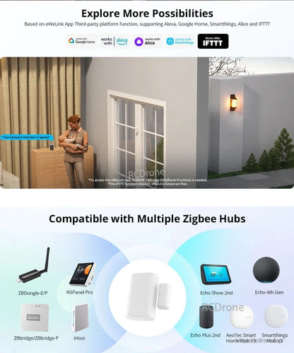 SONOFF SNZB-04P Zigbee Door Window Sensor, SONOFF SNZB-04P Zigbee sensor features tamper alerts, local scenes, 5-year battery, and works with Alexa, Google Home, SmartThings, and various Zigbee hubs.