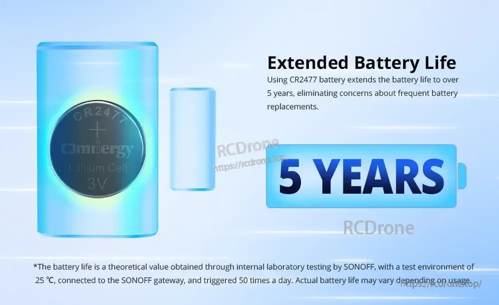 SONOFF SNZB-04P Zigbee Door Window Sensor, CR2477 battery lasts over 5 years (theoretical), reducing replacements. Lifespan varies with usage; tested at 25°C, 50 triggers/day with SONOFF gateway.