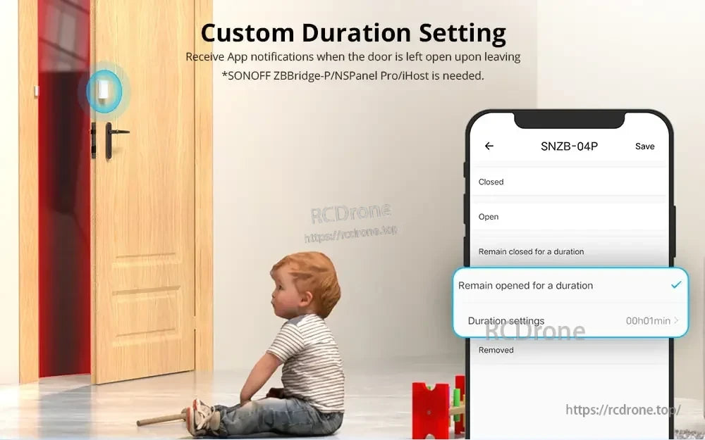 SONOFF SNZB-04P Zigbee Door Window Sensor, Set custom duration on SONOFF SNZB-04P via app; get alerts if door stays open. Needs ZBBridge-P, NSPanel Pro, or iHost.