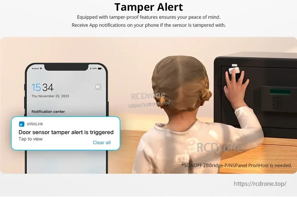SONOFF SNZB-04P Zigbee Door Window Sensor, Sensor alerts via app if tampered; eWeLink sends phone notifications. Compatible with SONOFF ZBBridge-P, NSPanel Pro, or iHost for secure, tamper-proof protection.