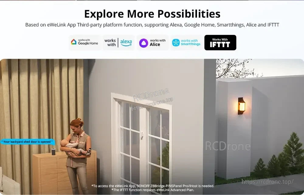 SONOFF SNZB-04P Zigbee Door Window Sensor, Control smart devices via eWeLink App with Alexa, Google Home, and more. Backyard shed alert shown. Full features need SONOFF ZBBridge-P/NSPanel Pro/Host and eWeLink Advanced Plan.