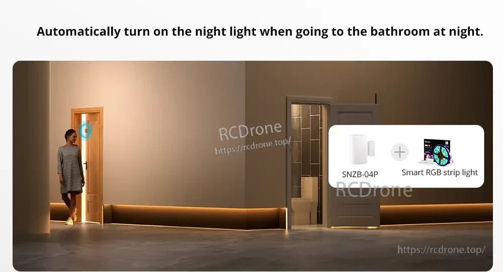 SONOFF SNZB-04P Zigbee Door Window Sensor, Automatically activates night light in bathroom using SNZB-04P sensor and smart RGB strip for hands-free, convenient illumination.