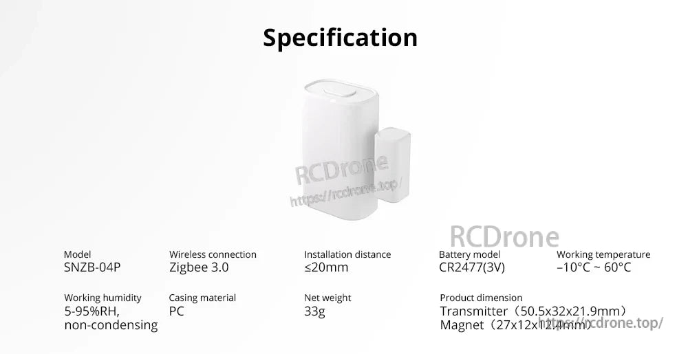 SONOFF SNZB-04P Zigbee Door Window Sensor, SONOFF SNZB-04P Zigbee 3.0 door/window sensor with CR2477 battery, compact PC casing, 33g weight, operates in -10°C–60°C and 5–95%RH.