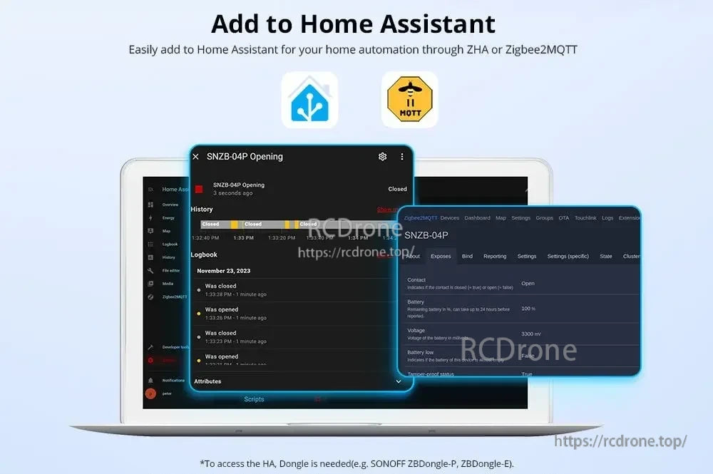 SONOFF SNZB-04P Zigbee Door Window Sensor, SONOFF SNZB-04P Zigbee door/window sensor works with Home Assistant via ZHA/Zigbee2MQTT, showing status, history, battery, and contact state; requires a compatible HA dongle for setup.