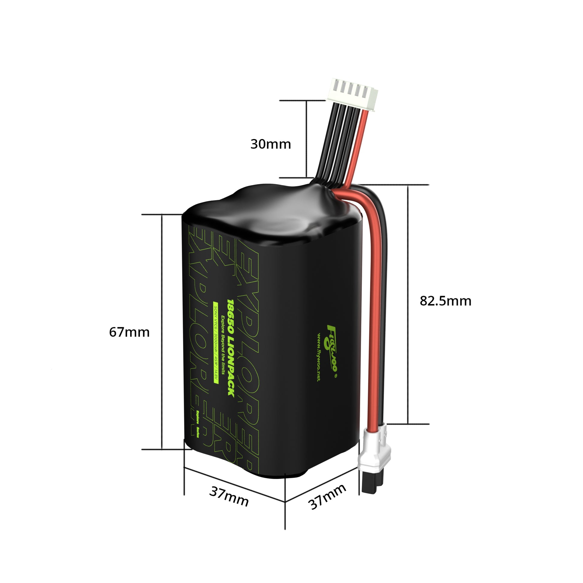 Flywoo Explorer 18650 Li-ion Lionpack 4S1P battery pack with XT30UP lead, balance plug, and 37x37x67mm size