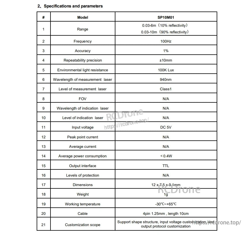 SP10M01 DTOF LiDAR Module, SP10M01 DTOF LiDAR: 0.03–10m range, 100Hz, 1% accuracy, 940nm laser, 5V, TTL, 1g, -30°C to +65°C; customizable design, voltage, protocol.