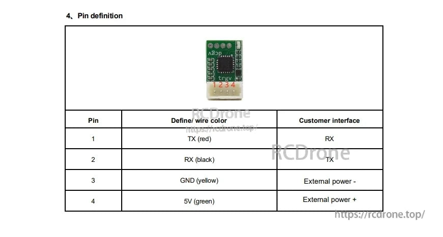 SP10M01 DTOF LiDAR module pins: TX, RX, GND, 5V; includes wire colors and customer interface connections.