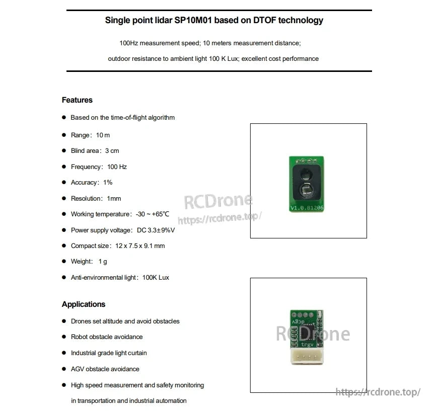 The SP10M01 DTOF LiDAR module features 10m range, 100Hz speed, high accuracy, compact design, and strong ambient light resistance, ideal for drones, robots, and industrial automation.